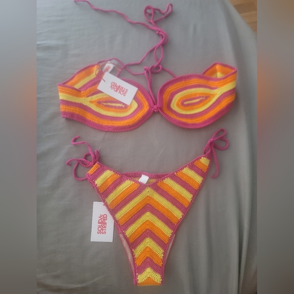 *Solid & Stiped* The Azalea 2 piece crochet swimsuit L Pink/orange/yellow - Picture 7 of 9